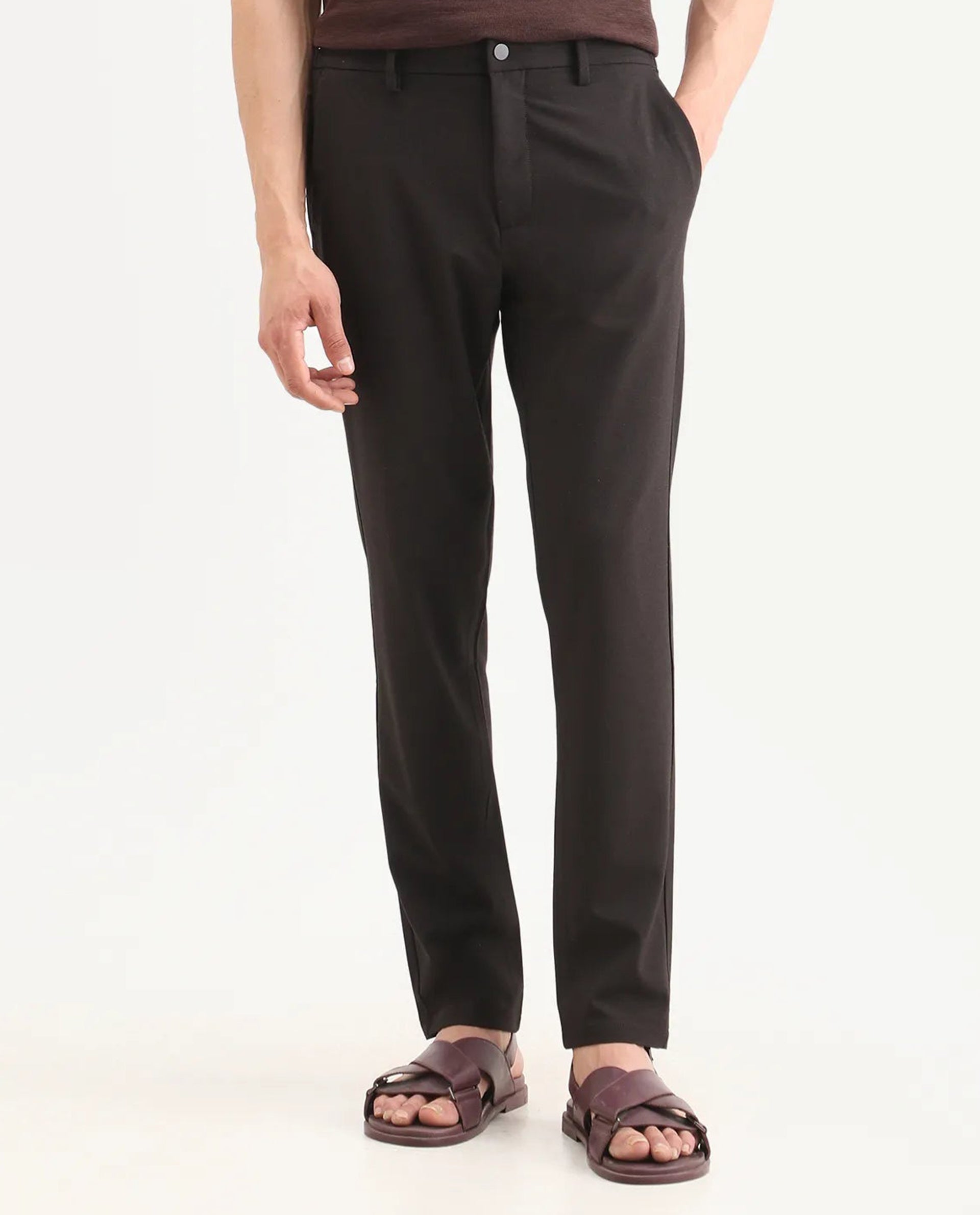 Rare Rabbit Men's Travel-Ss26 Dark Brown Polyester Fabric Button And Zip Closure Closure Plain Trouser | Rare Rabbit at Broadway