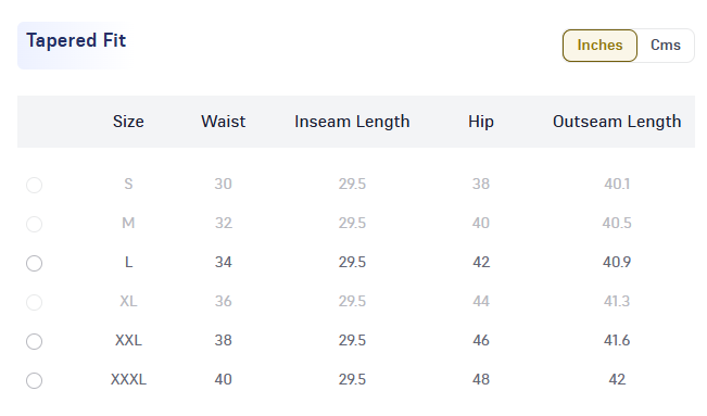 Size Chart for Travel Chinos