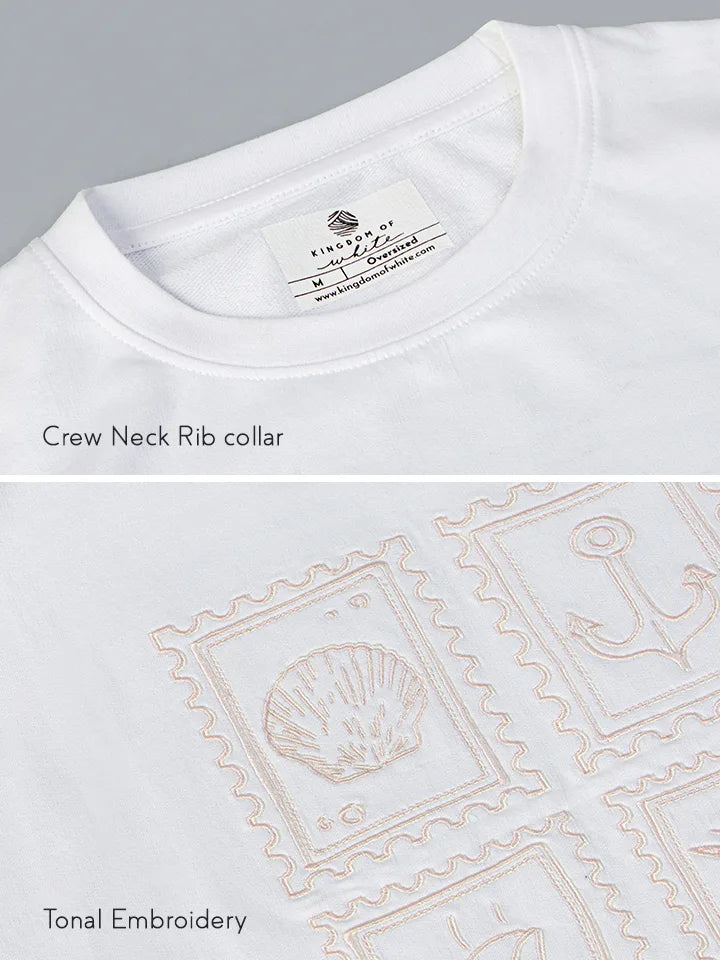 Stamps White Oversized Cotton Embroidered Tee - crew neck