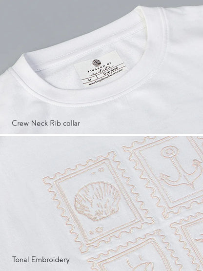 Stamps White Oversized Cotton Embroidered Tee - crew neck