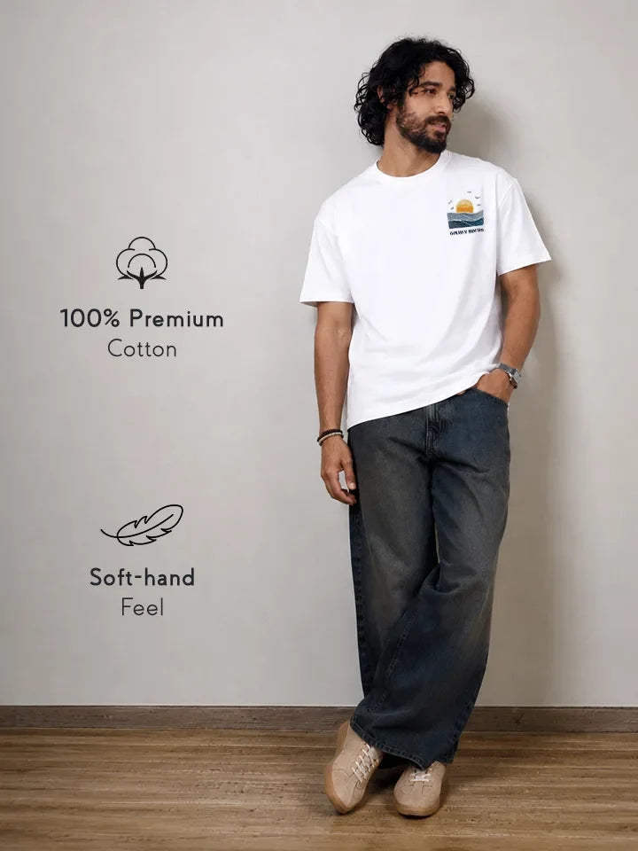 Seaside White Oversized Cotton Graphic Tee - premium cotton