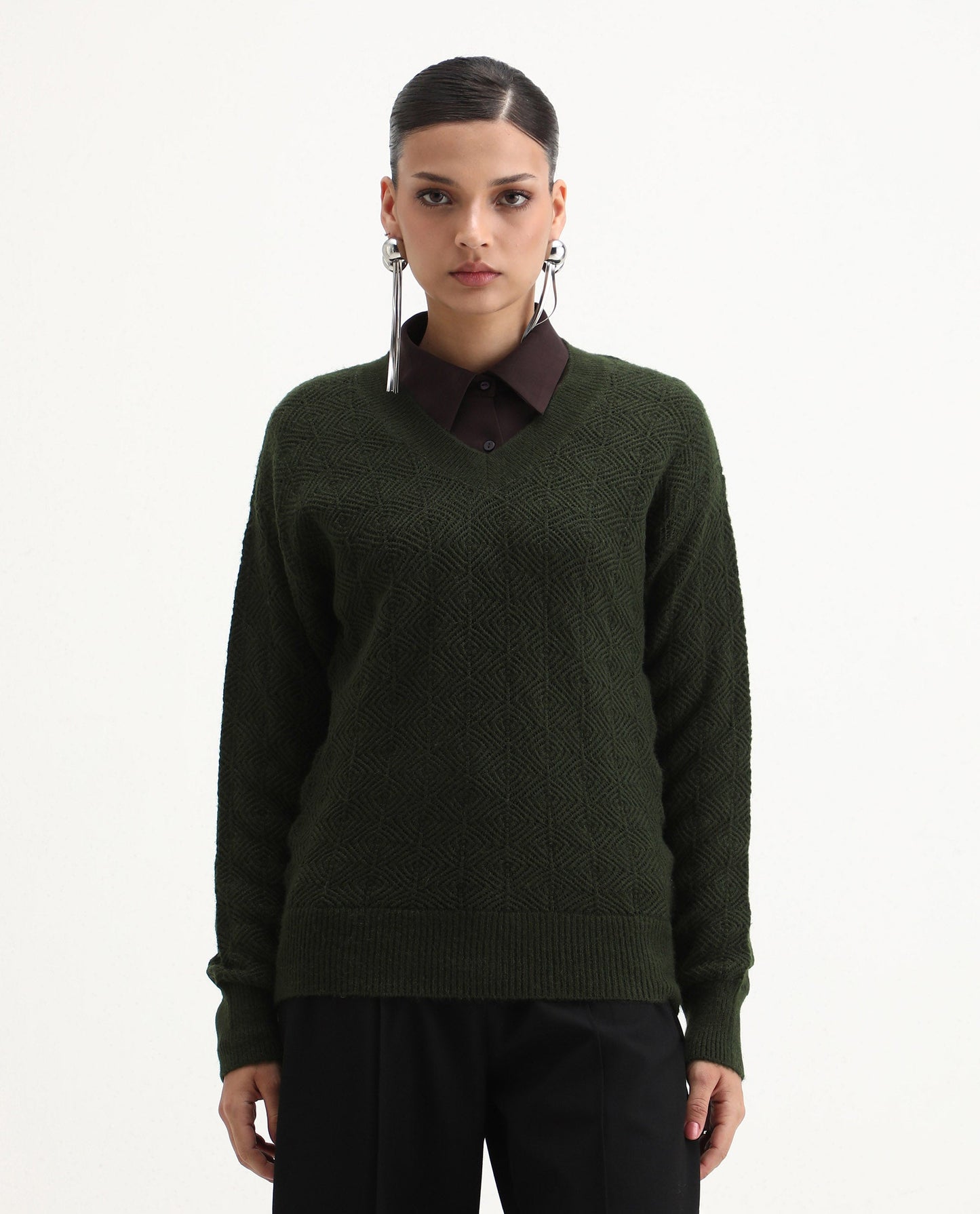 Rareism Women's Vihi Dark Olive Acrylic Blend V-Neck Plain Relaxed Fit Sweater | RAREISM at Broadway