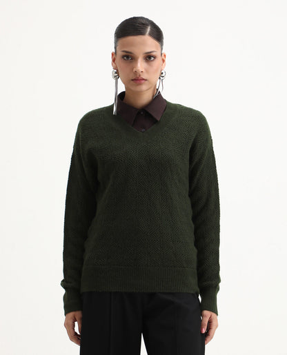 Rareism Women's Vihi Dark Olive Acrylic Blend V-Neck Plain Relaxed Fit Sweater | RAREISM at Broadway