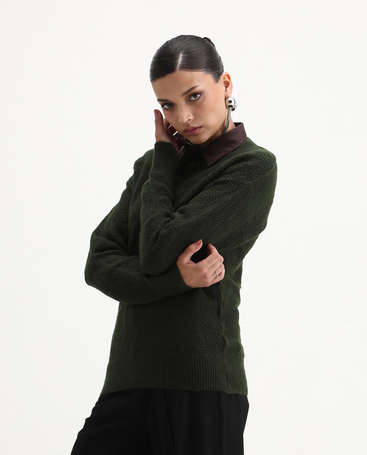 Rareism Women's Vihi Dark Olive Acrylic Blend V-Neck Plain Relaxed Fit Sweater | RAREISM at Broadway