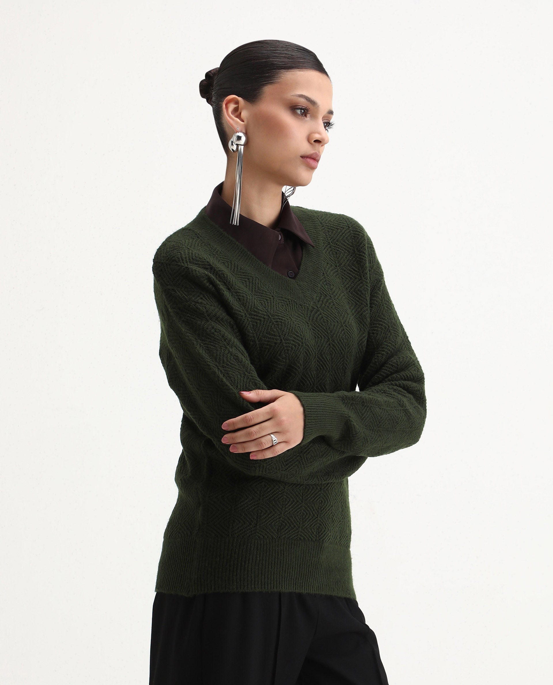 Rareism Women's Vihi Dark Olive Acrylic Blend V-Neck Plain Relaxed Fit Sweater | RAREISM at Broadway