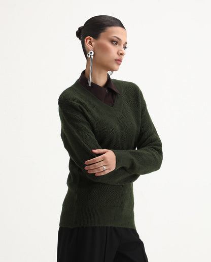 Rareism Women's Vihi Dark Olive Acrylic Blend V-Neck Plain Relaxed Fit Sweater | RAREISM at Broadway