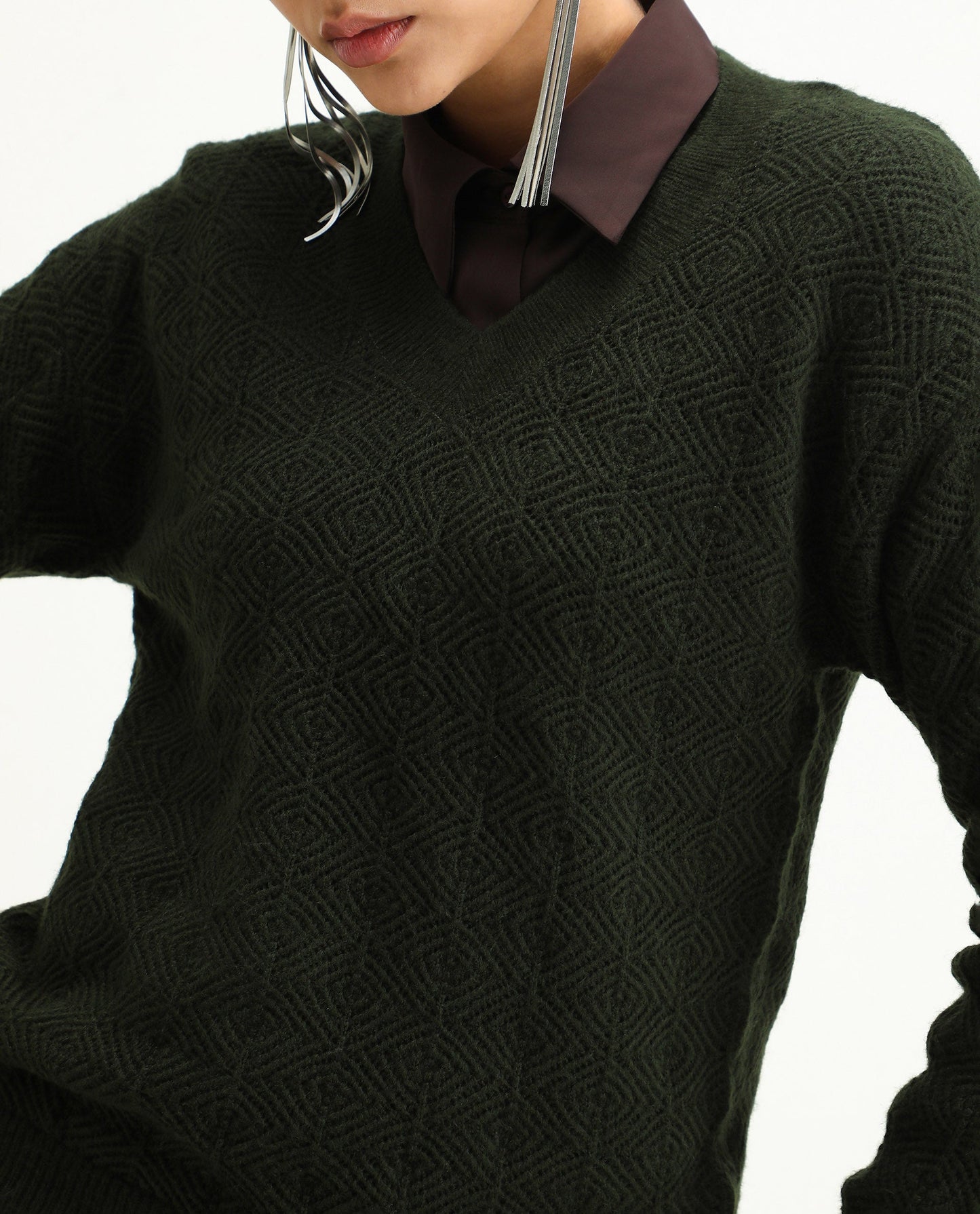Rareism Women's Vihi Dark Olive Acrylic Blend V-Neck Plain Relaxed Fit Sweater | RAREISM at Broadway