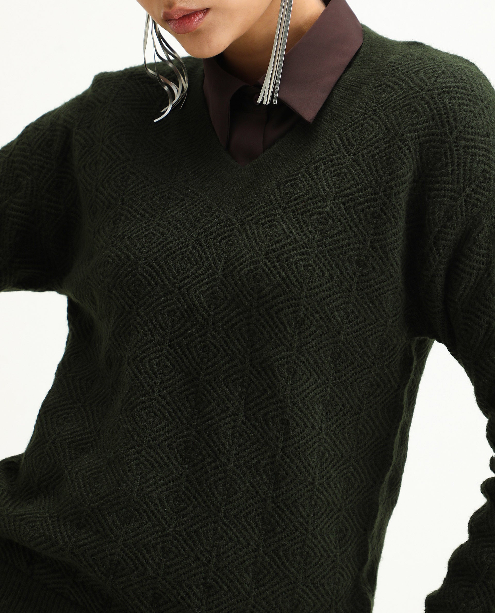 Rareism Women's Vihi Dark Olive Acrylic Blend V-Neck Plain Relaxed Fit Sweater | RAREISM at Broadway