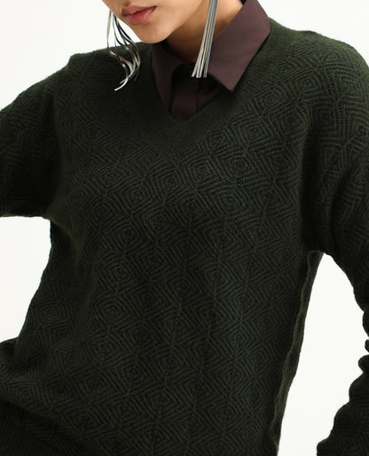 Rareism Women's Vihi Dark Olive Acrylic Blend V-Neck Plain Relaxed Fit Sweater | RAREISM at Broadway