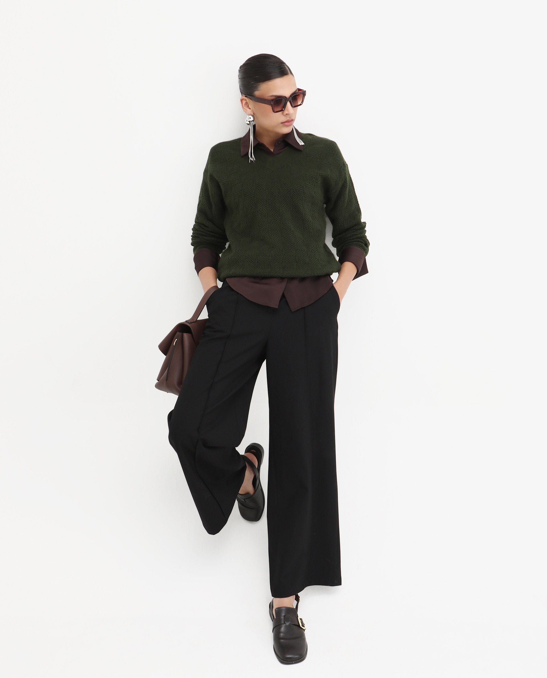 Rareism Women's Vihi Dark Olive Acrylic Blend V-Neck Plain Relaxed Fit Sweater | RAREISM at Broadway