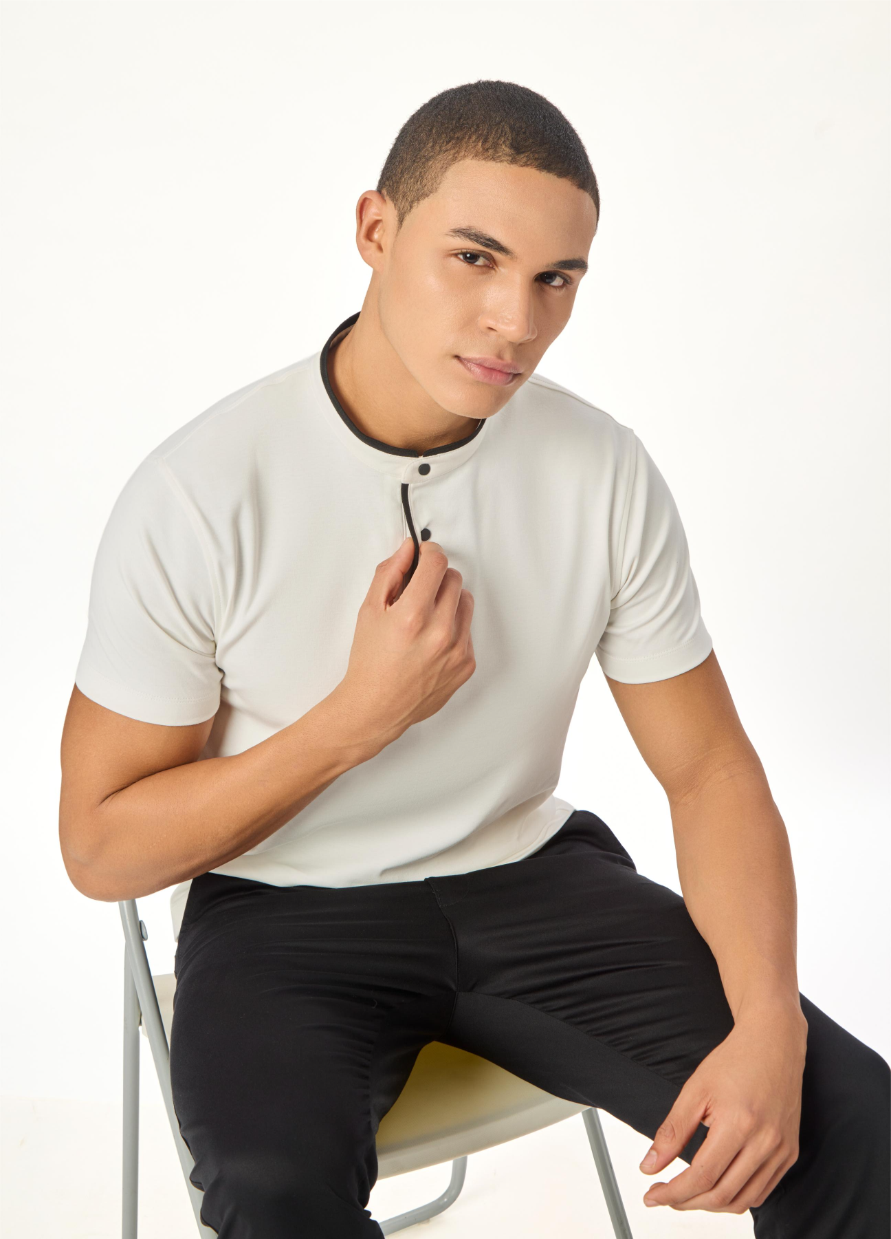 Serenity White Suede-Detail Band Collar Shirt