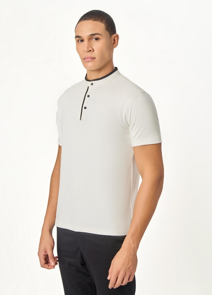 Serenity White Suede-Detail Band Collar Shirt