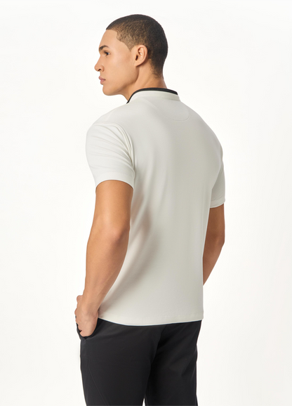 Serenity White Suede-Detail Band Collar Shirt