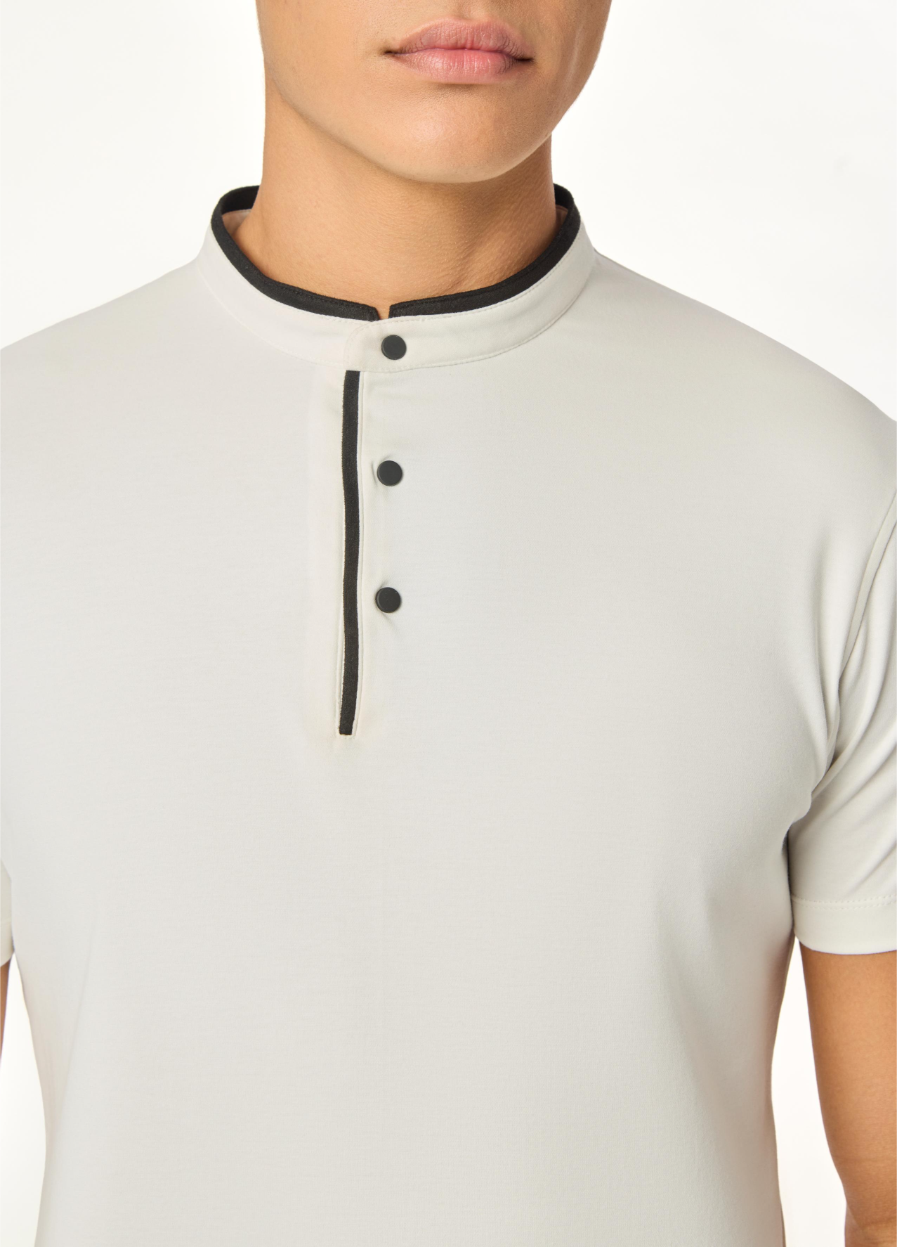 Serenity White Suede-Detail Band Collar Shirt