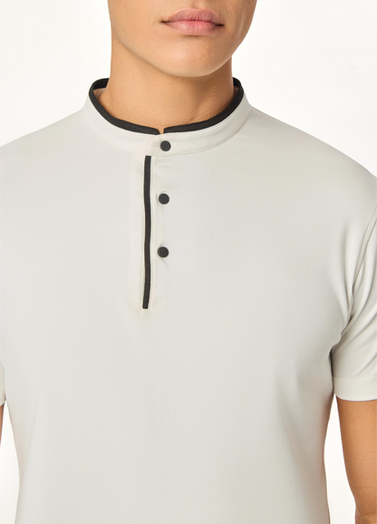 Serenity White Suede-Detail Band Collar Shirt