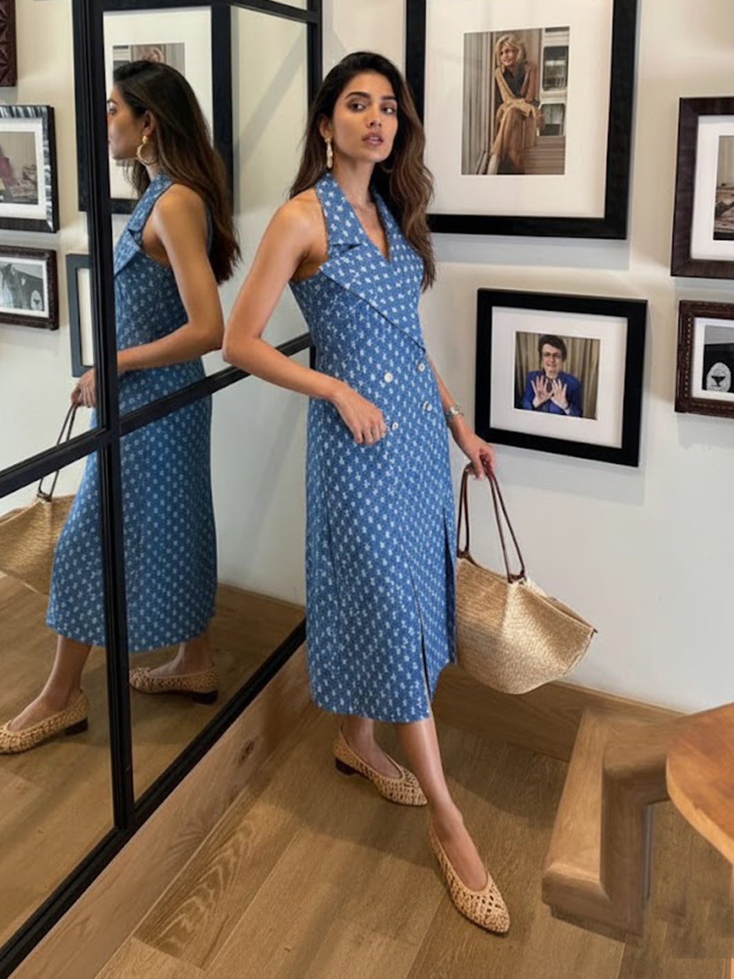 Glitzy Denim Lapel Slit Dress