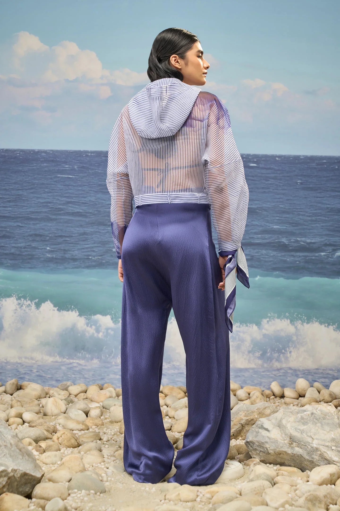 White & Navy Premium Poly Organza Abstract Print Oversized Hoodie