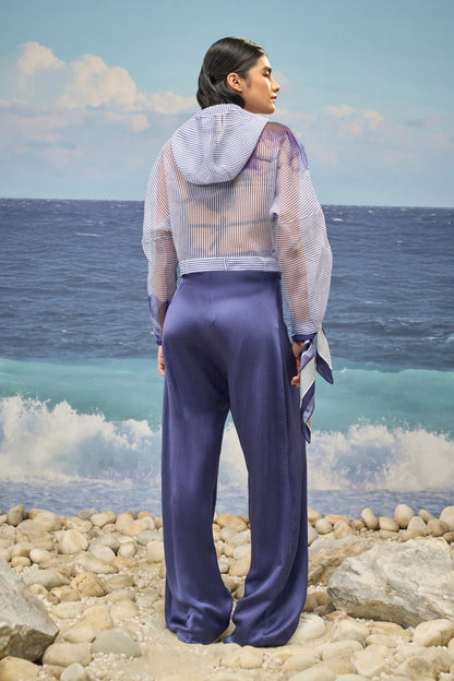 White & Navy Premium Poly Organza Abstract Print Oversized Hoodie