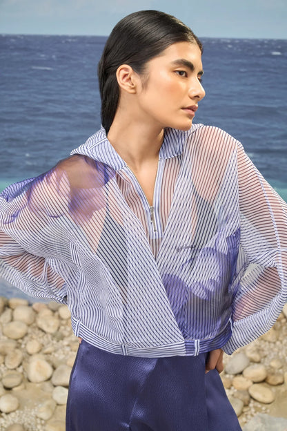 White & Navy Premium Poly Organza Abstract Print Oversized Hoodie