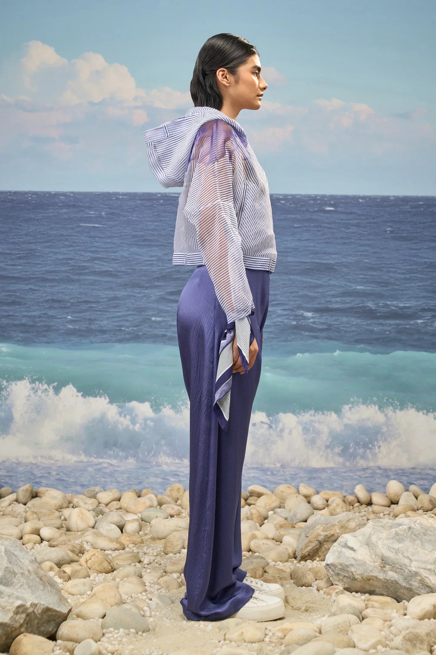 White & Navy Premium Poly Organza Abstract Print Oversized Hoodie