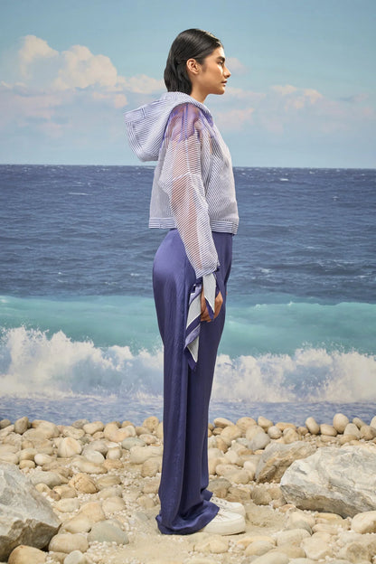 White & Navy Premium Poly Organza Abstract Print Oversized Hoodie