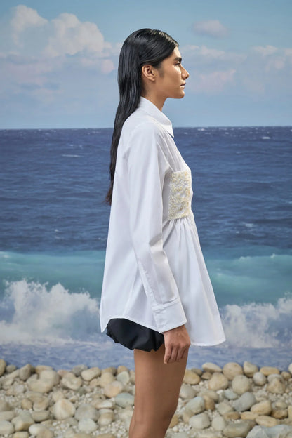 White Premium Giza Cotton Embroidered Relaxed Shirt
