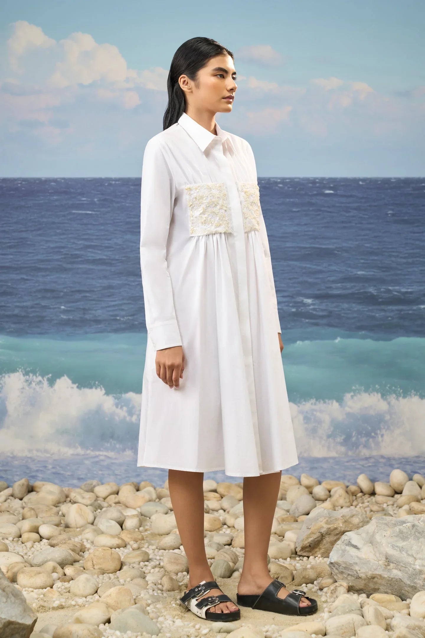 White Premium Giza Cotton Embroidered Shirt Dress