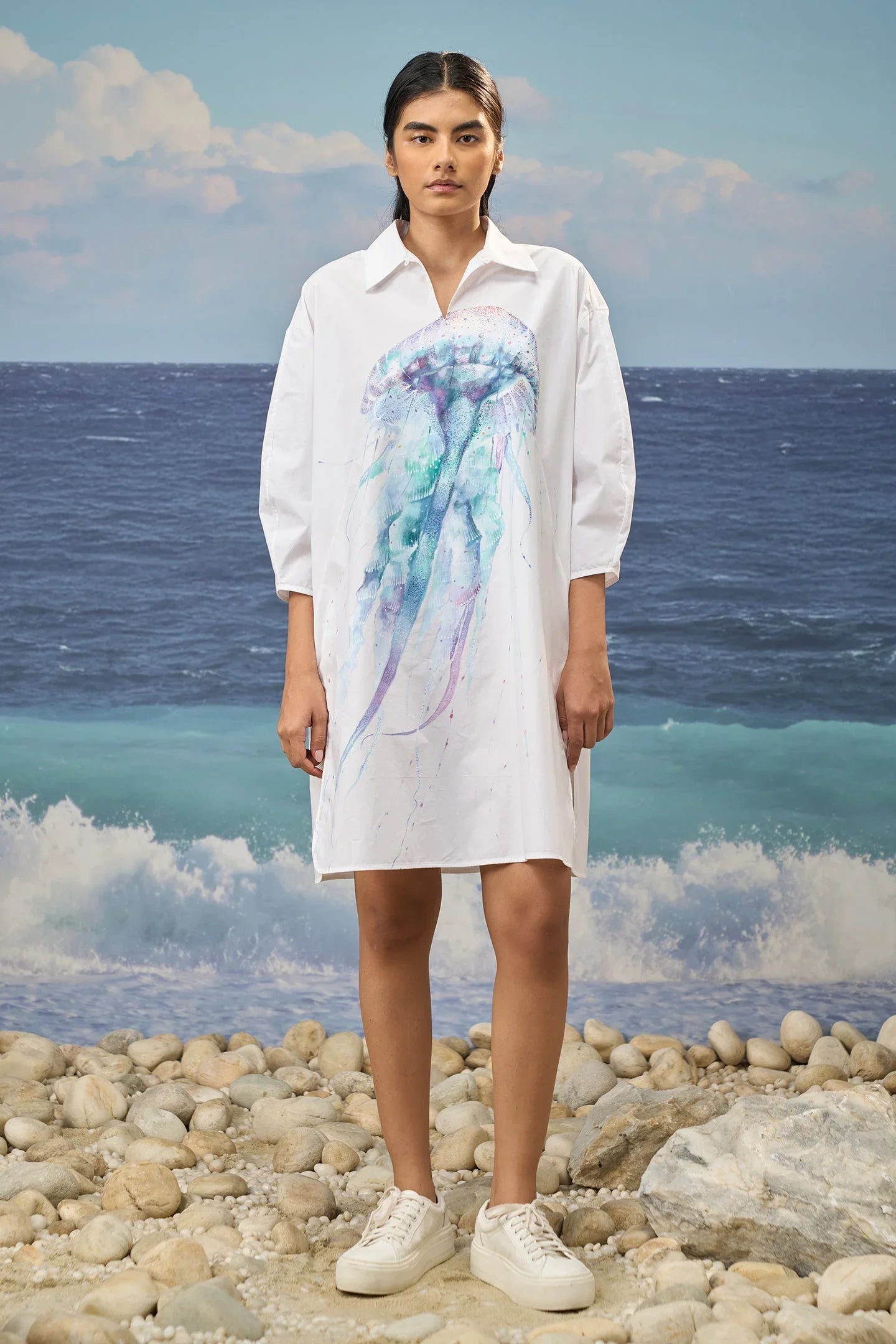 White Premium Giza Cotton Printed Oversized Dress