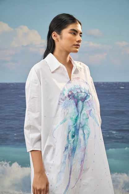 White Premium Giza Cotton Printed Oversized Dress