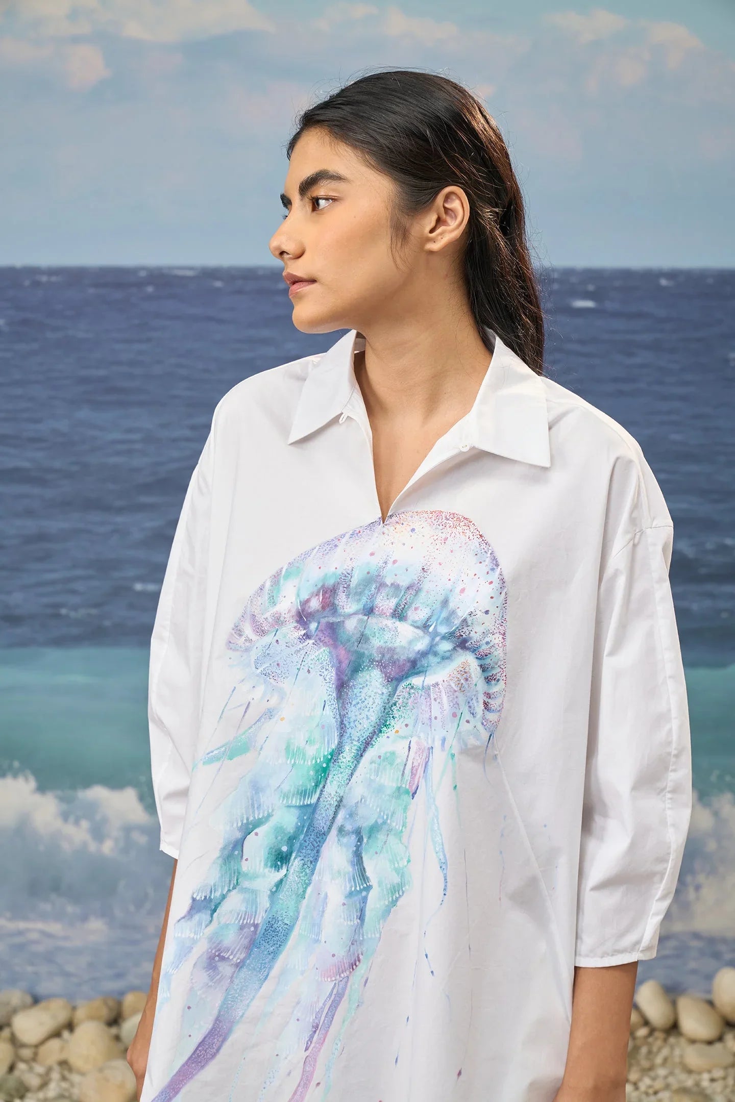 White Premium Giza Cotton Printed Oversized Dress