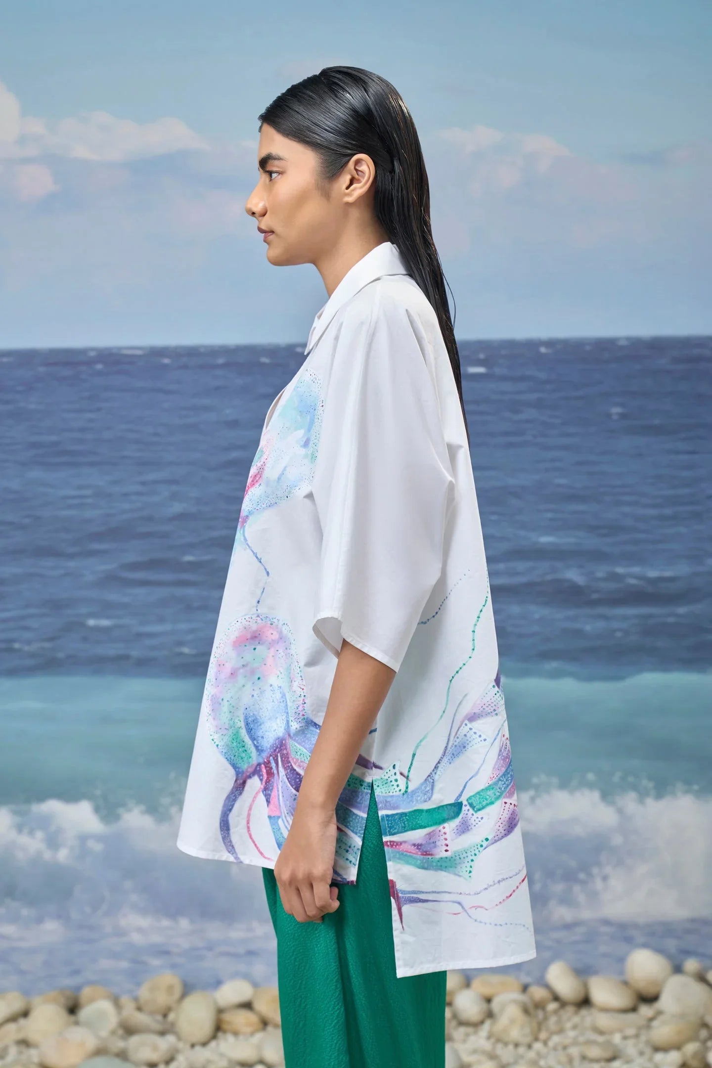 White Premium Giza Cotton Printed Oversized Shirt