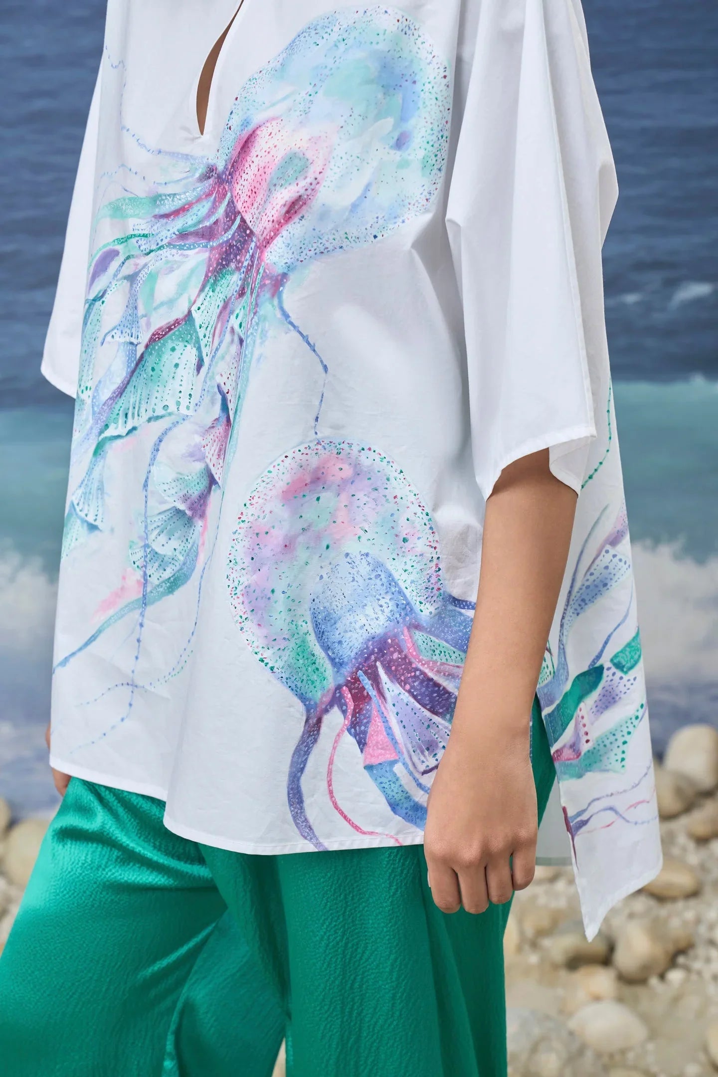 White Premium Giza Cotton Printed Oversized Shirt