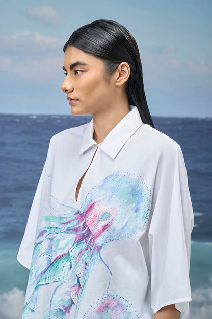 White Premium Giza Cotton Printed Oversized Shirt