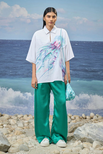 White Premium Giza Cotton Printed Oversized Shirt