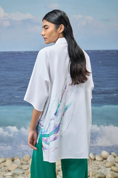 White Premium Giza Cotton Printed Oversized Shirt