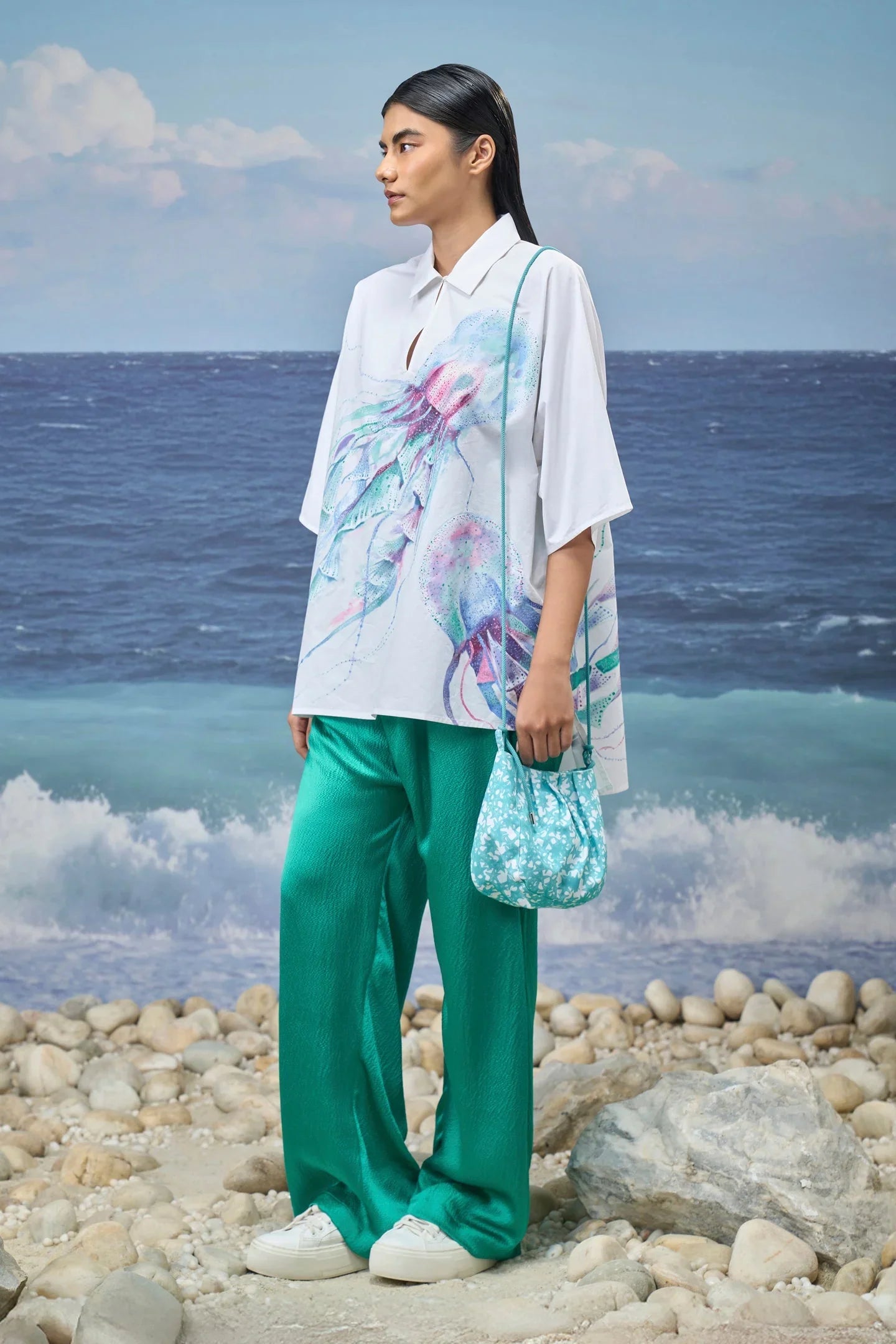 White Premium Giza Cotton Printed Oversized Shirt