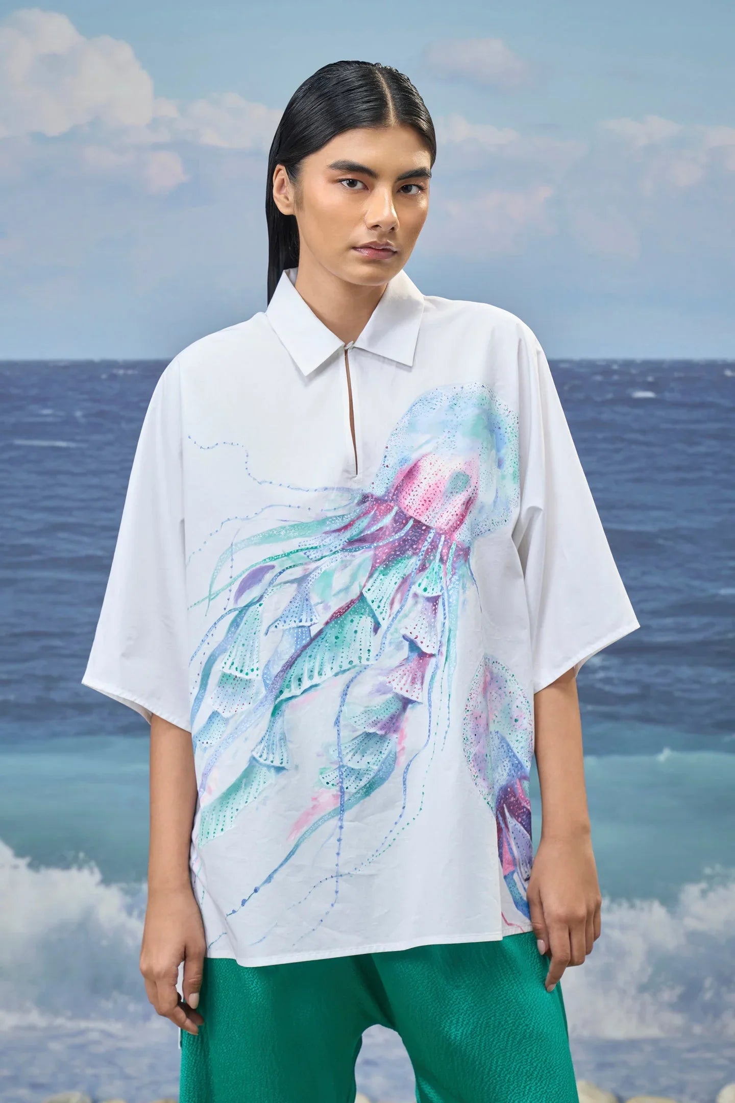White Premium Giza Cotton Printed Oversized Shirt