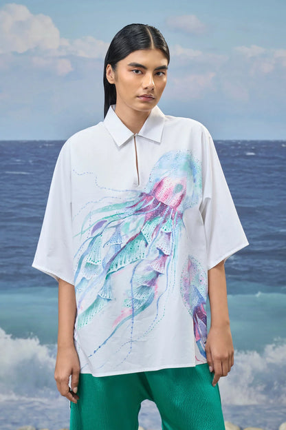 White Premium Giza Cotton Printed Oversized Shirt