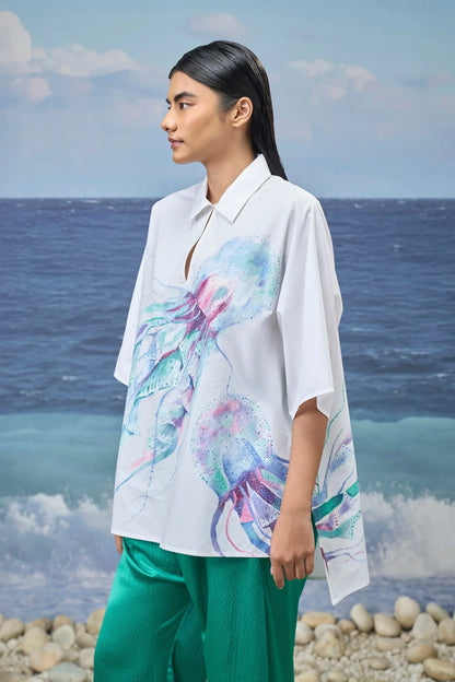 White Premium Giza Cotton Printed Oversized Shirt