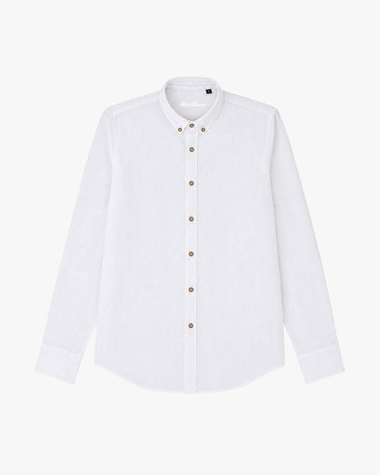 Bare Brown Button Down Collar Linen Shirt, Slim Fit with Full Sleeves- White
