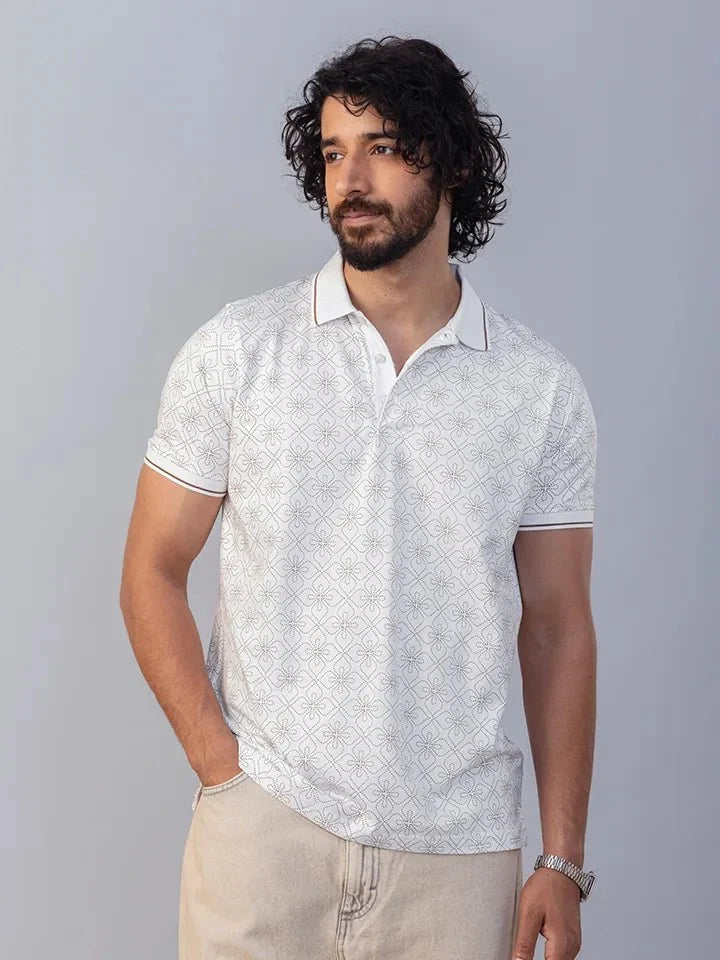 Bloomline White Printed Polo T-Shirt