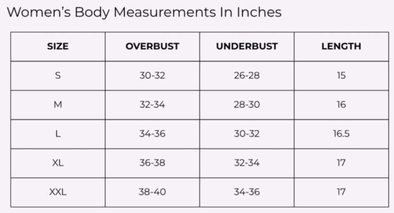 Size Chart for X-PERIENCE SPORTS BRA