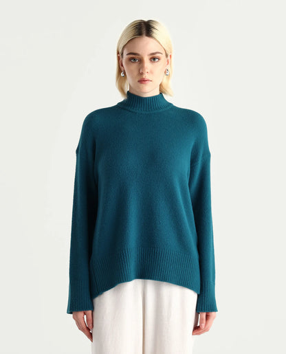 Rareism Women's Zilli Dark Petrol Nylon High Neck Oversize Fit Sweater | RAREISM at Broadway