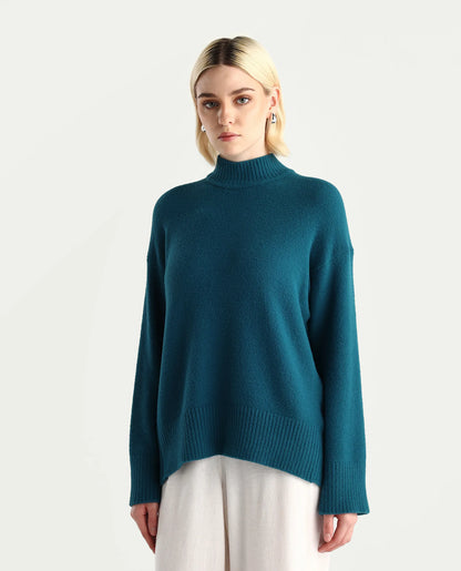 Rareism Women's Zilli Dark Petrol Nylon High Neck Oversize Fit Sweater | RAREISM at Broadway