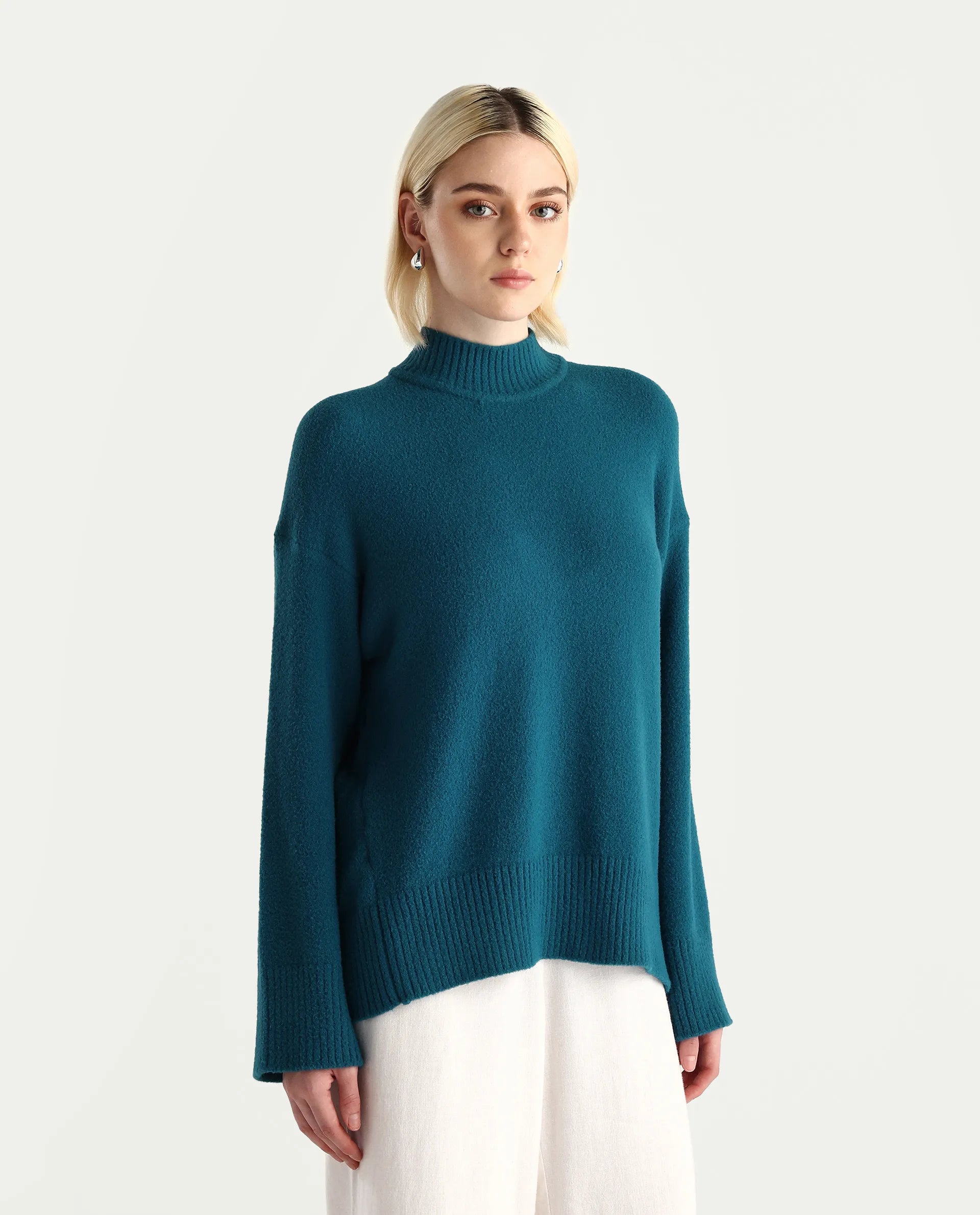 Rareism Women's Zilli Dark Petrol Nylon High Neck Oversize Fit Sweater | RAREISM at Broadway