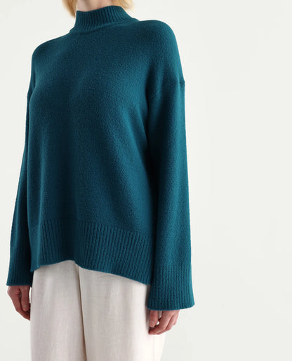 Rareism Women's Zilli Dark Petrol Nylon High Neck Oversize Fit Sweater | RAREISM at Broadway