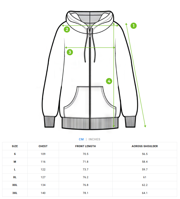 Size Chart for Men Cotton Solid Textured Full Zip Hooded Sweatshirt SWE-MALI-BK